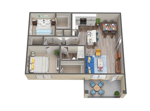 Floor plan for 2 beds, 1 bath, 905 sqft